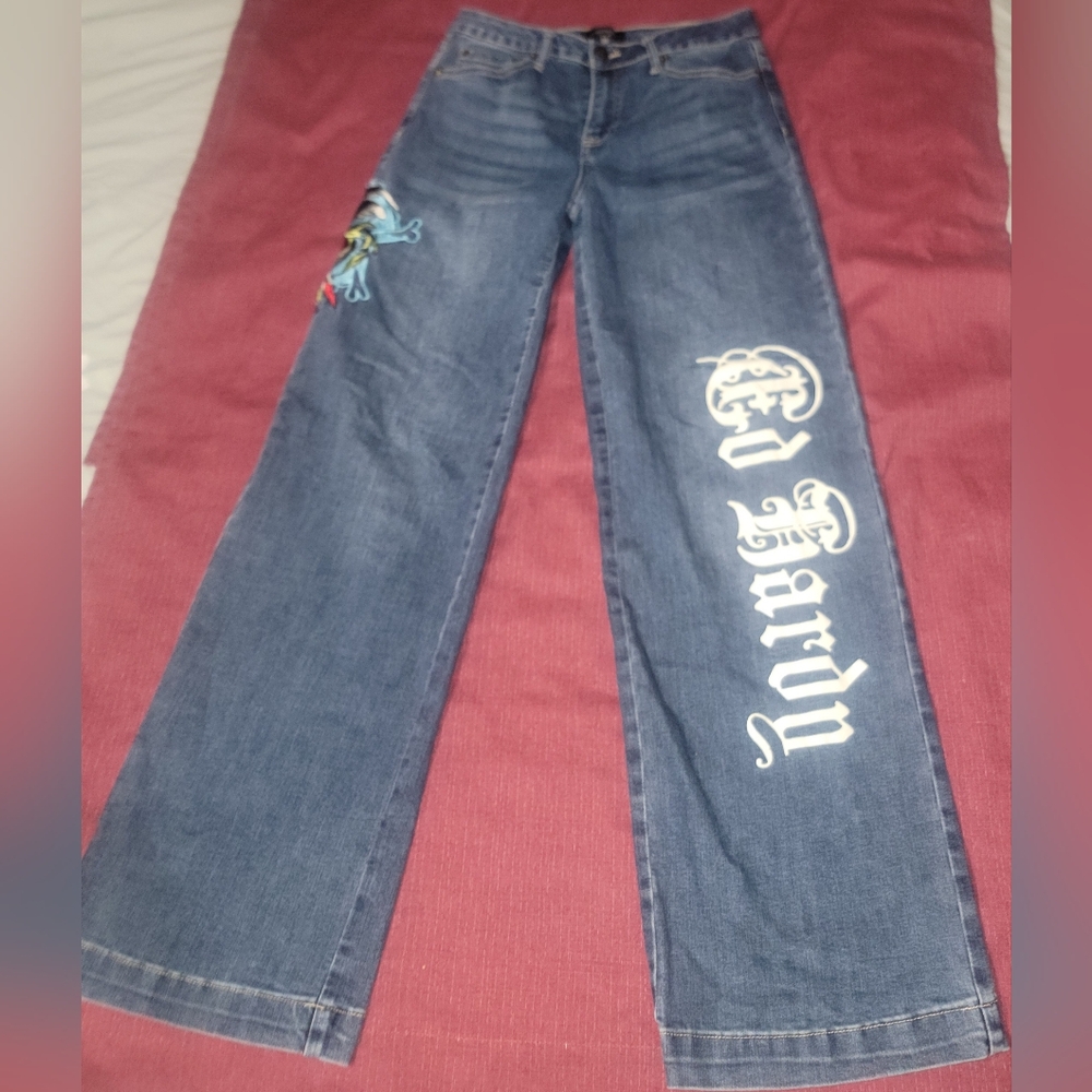 Ed Hardy Women's Blue Wide Leg Jeans with Embroidery